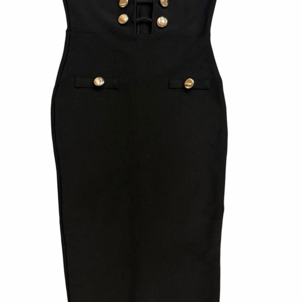 Donna Richardson black strapless midi dress with gold buttons and zipper back